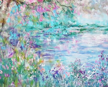 Artworks in 150 Subjects Painting - Cherry Blossom Wild Flowers Pond Trees garden decor scenery wall art nature landscape detail